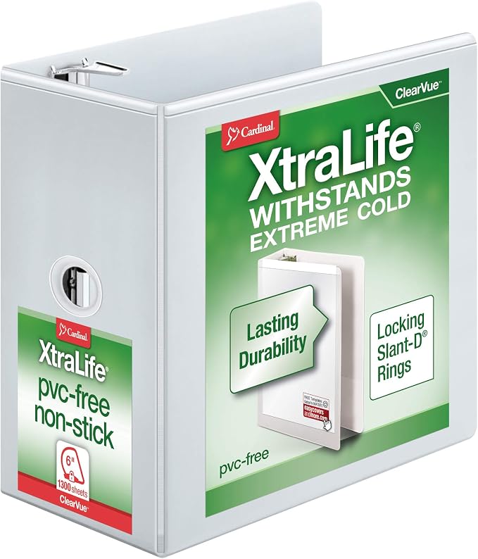 Cardinal 3 Ring Binder, 6 Inch Heavy Duty XtraLife Binder, Locking Slant-D Rings, Crack-Resistant Cover & Spine, ClearVue Covers with Shelf Pull, Holds 1,300 Sheets, White (26366)