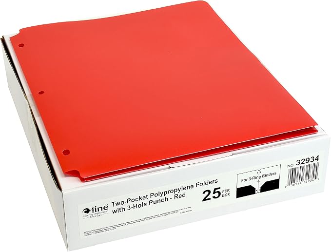Two-Pocket Poly Portfolios with Three-Hole Punch, Red, Box of 25