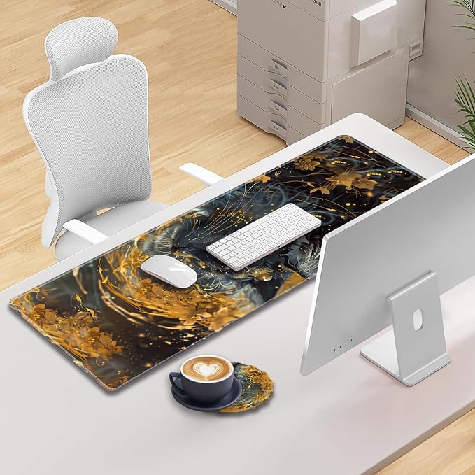 Extended Gaming Mouse Pad 31.5" x 11.8", with Edge Stitching, Non-Slip Rubber Base Keyboard Pad, Suitable for Work, Game, Office, Home and Coasters, Black Cat with Gold Floral
