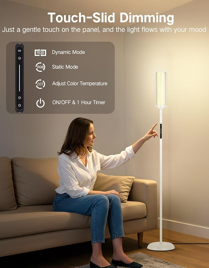 OUTON Corner Floor Lamp with Remote, Touch & App Control, RGB Color Changing Standing Lamp with 32 Modes, 360 Lighting, 3 Color Temperatures, Dimmable 66 in Tall Lamp for Living Room,White Glass