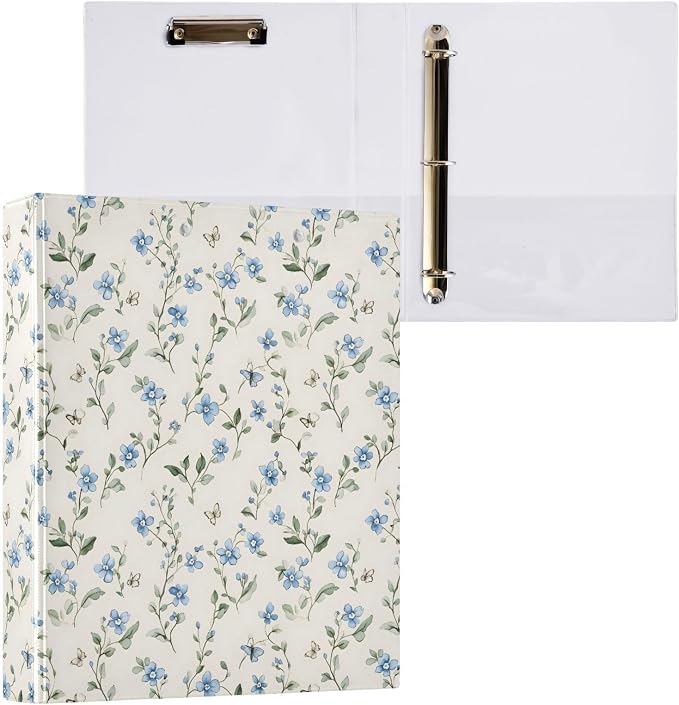 Blue Flowers Pattern 3 Ring Binder 1.5 Inch 1 Pack with 200 Sheet for Kids School Supplies Women Men Office