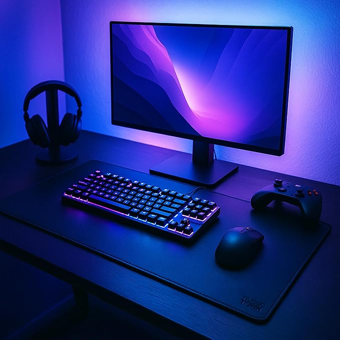 Leather Desk Mat Set (32x16) - Full Grain Large Computer Gaming Mouse Pad | Non-Slip, Table Cover Blotter Protector, Smooth Control, Stitched Edges, Desktop Laptop Accessory with Valet Tray & Coaster