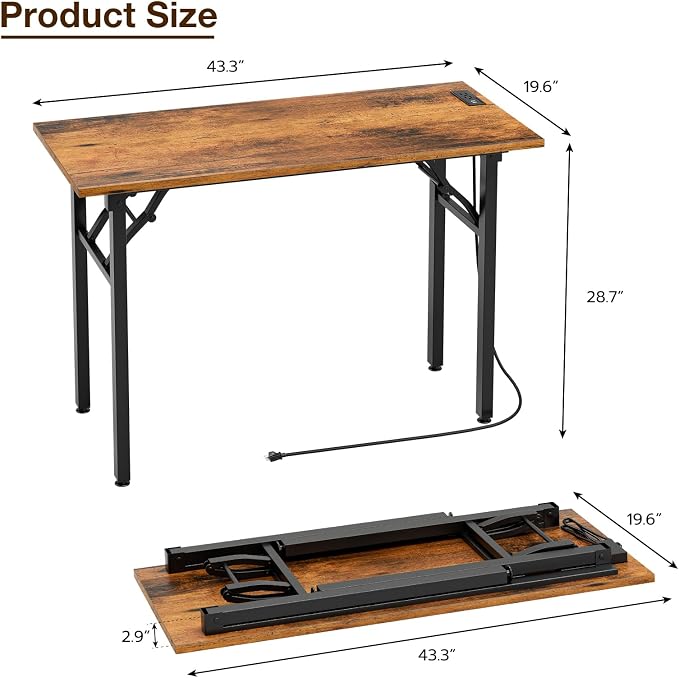 TEMI Small Computer Desk Folding Table - No Assembly, Compact 44.3" Foldable Desk with Power Outlets & USB Charging Port, Portable Small Office Desk, Ideal Mini Study Table for Narrow Spaces, Brown