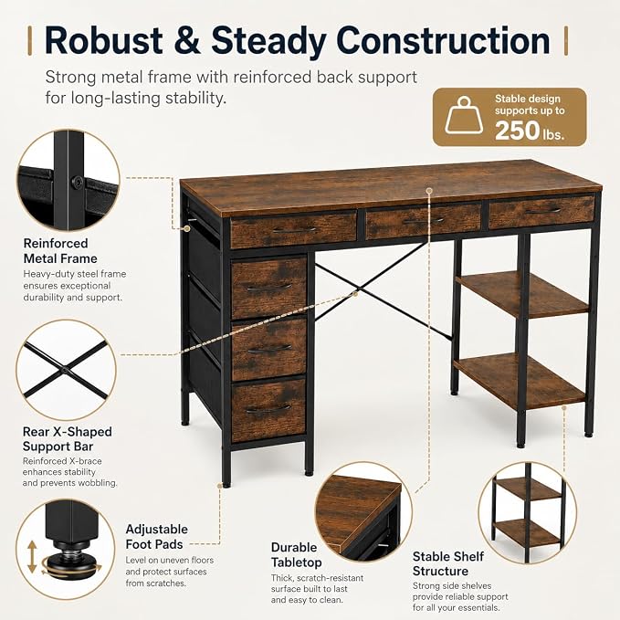 Simple Deluxe Computer Desk with 6 Drawers, 47 Inch Office Workstation with Storage Shelves, Reversible Corner Gaming Table, Home Office Study Desk with Fabric Organizer, Rustic Brown