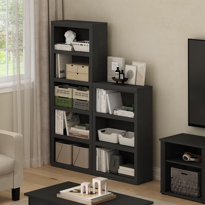 Furinno Rail Book Shelf, 5-Tier Bookshelf with Open Shelf, Bookcase with Classic Style Edges, 10 x 24.6 x 63.5, for Organization and Storage, for Living Room, Bedroom, Home Office, Blackwood