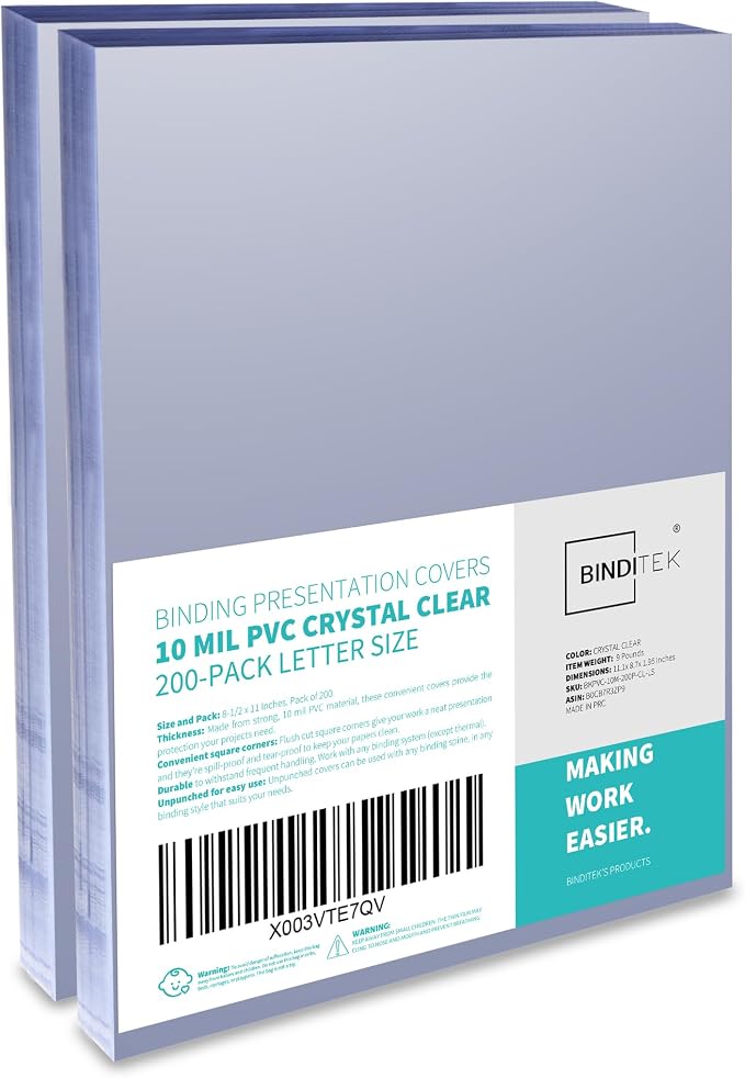 Binditek 10 Mil PVC Binding Covers, 8.5 x 11 Inches, Clear, 200 Pack | Plastic Binding Covers, 8.5" x 11" Letter Size, Clear, Square Corners, Unpunched, Ideal for Business Reports and Proposals