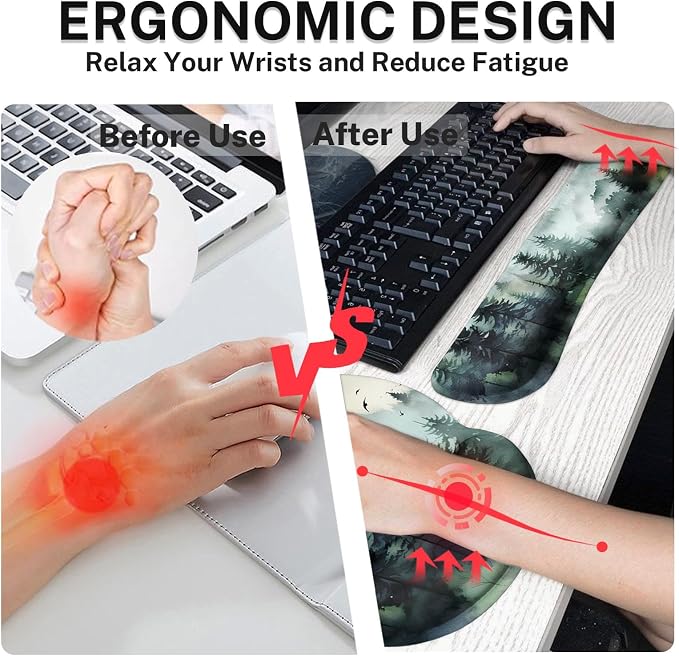 Keyboard Mouse Pad Set, 4 in 1 Desk Mat Set, Mountain Forest | Green Ink Large Mousepad+Keyboard Wrist Rest+Mouse Wrist Rest+Coaster Ergonomic Design for Home Office Computer