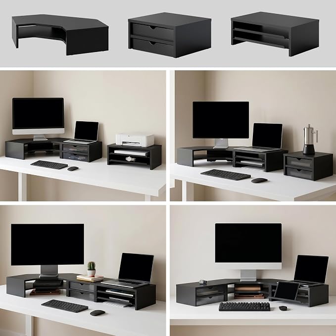 Fenge Dual Monitor Stand, Corner Desk Shelf with Drawer & Slide-Out Tray | Modular Design for Flexible Layouts, 2-Tier Storage Desktop Organizer for Computer, Laptop, Printer and Telephone