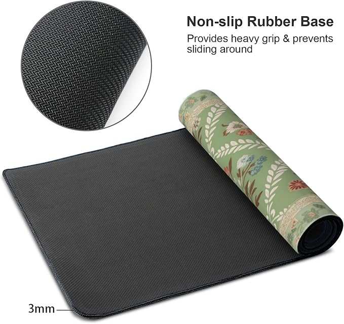 XXL Large Floral Mouse Pad - Sage Green Flower Desk Mat with Stitched Edges & Anti-Slip Base, Computer Keyboard Mat for Office & Home, Desk Decor for Women