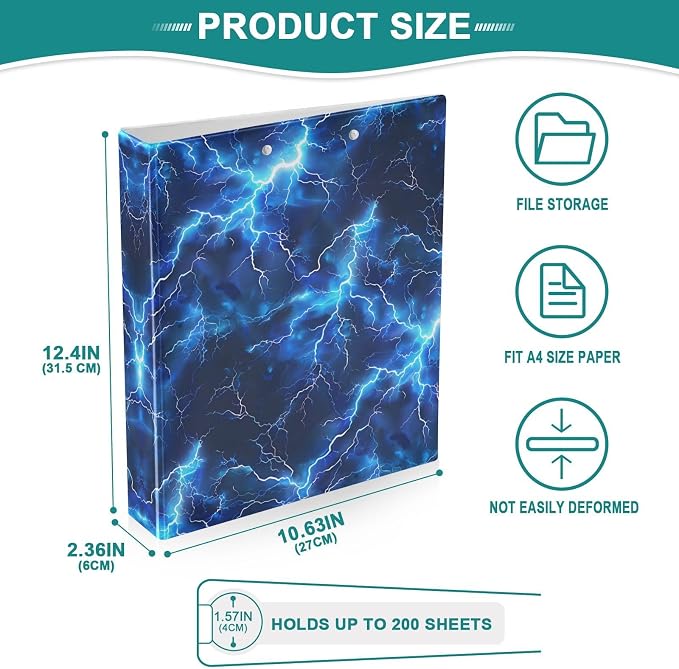 3 Ring Binder Blue Electric Lightning 1.5" Round Ring Binders View Binder with 200 Sheet for Kids School Supplies Women Men Office, 1 Pack