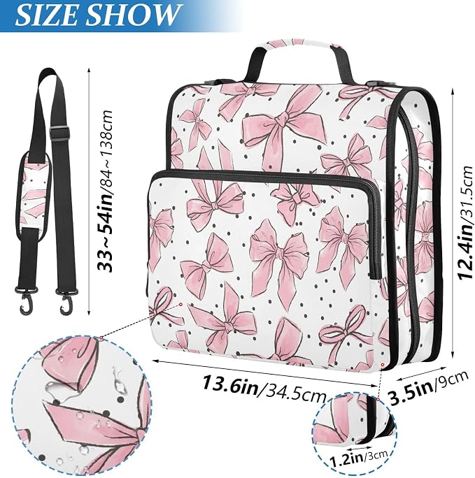 Pink Bows Dots 3 Ring Binder Bag 1.5 inch Binder Organizer with Zipper Shoulder Strap 500 Sheet Documents Storage for School Office