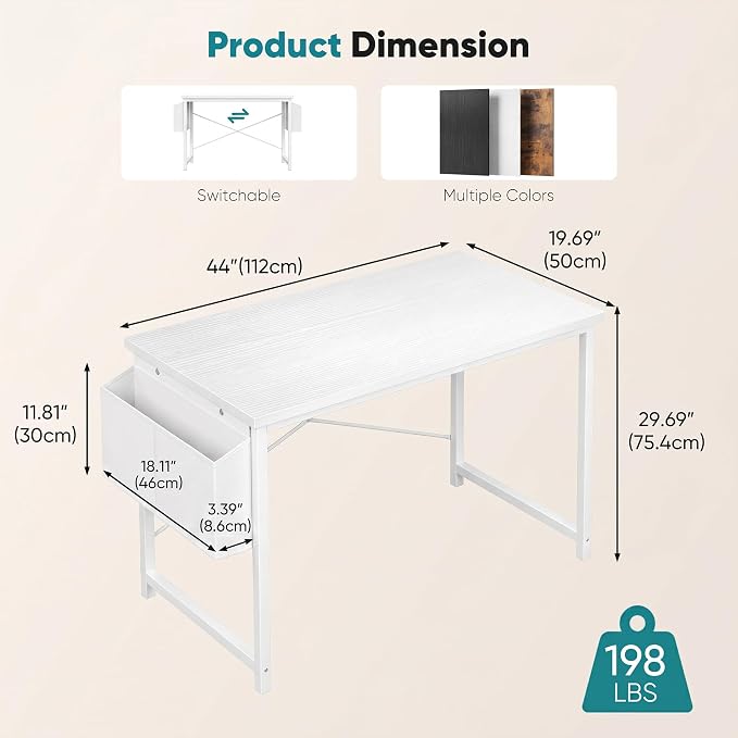 OLIXIS Computer Desk, 44 Inch Gaming Desks for Home Office Small Spaces | Writing Study Craft Work Table, Computer Workstation for Bedroom with Storage Bag, All White