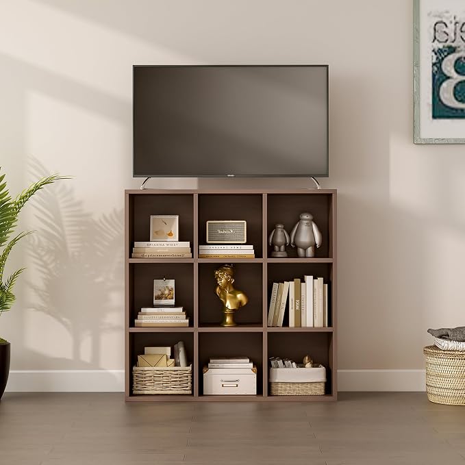 9-Cube Storage Shelf Bookcase, Walnut | Wooden 3-Tier Open Bookshelf, Fits 11×11" Bins, Vertical or Horizontal Use, Full Back Panels, For Home Office