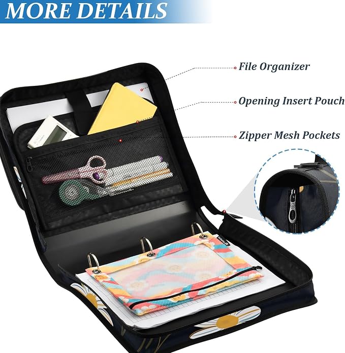 3 Ring Zipper Binder with Shoulder Strap White Daisy Flower Black 1.5 inch Binders Keeper Large Capacity Multi Pockets for School Office Supplies