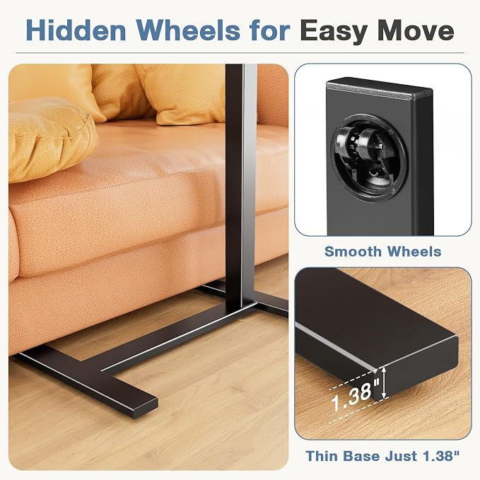 DUMOS Adjustable Bedside Overbed Table with Wheels, Brown | Laptop Standing Desk with Tilting Top Height, Mobile Rolling Computer Cart for Hospital Home Bedroom Use