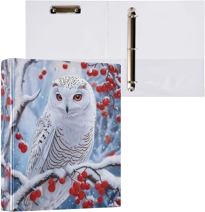 Winter Beautiful Owl with Red Berry Tree 3 Ring Binder 1.5" Decorative D-Ring Binder with Clipboard&3 Clear Pockets, Holds 200 Sheets A4 Size Paper Waterproof Binders for School Home Office|2 Pack