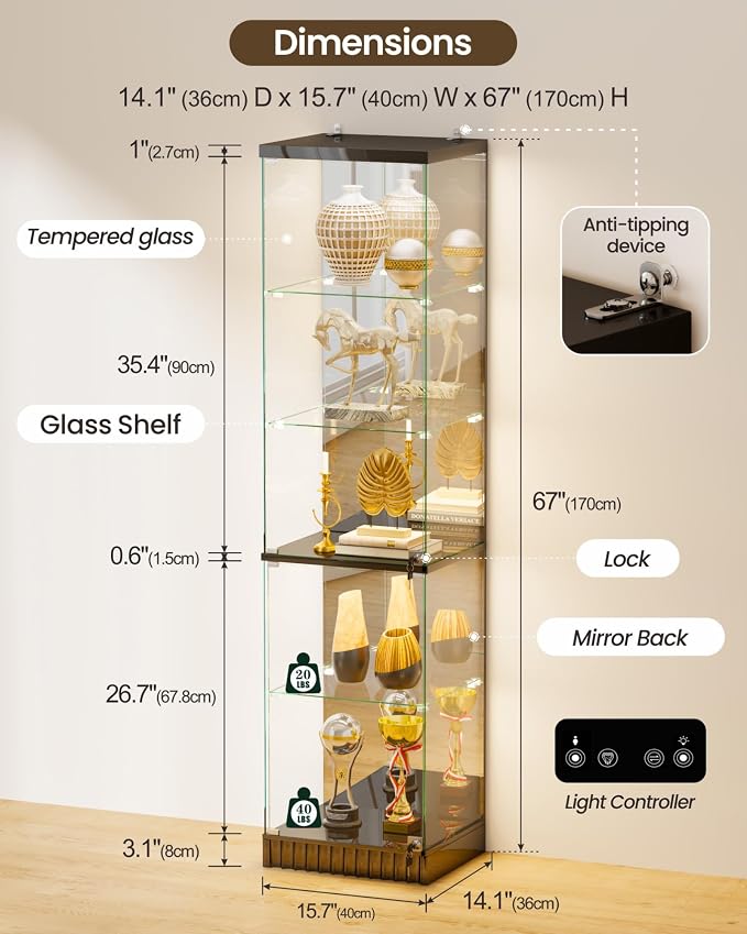 Lvifur 67''H Lockable Display Cabinet with Glass Doors & RGB Lights,Black | 5-Tier Glass Curio Display Cabinets with Motion Sensor Lights,China Cabinet with Removable Shelves,Lighted Showcase