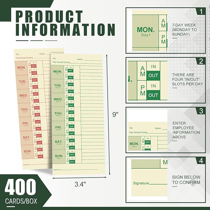 400 Pack Weekly Time Cards Double-Sided Named Days Manila Green/Red Print Cards for Employees Time Clocks for Office Factories Workshops Warehouses