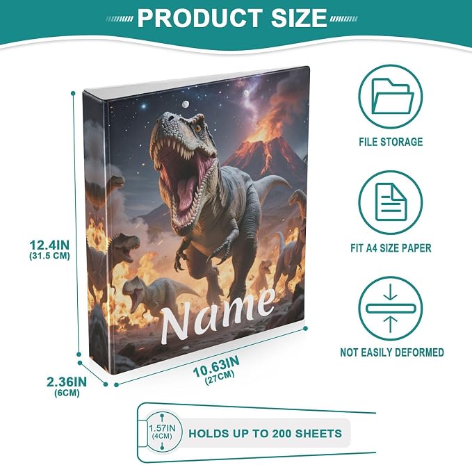 Custom 3 Ring Binder Many Dinosaur Roar 1.5" Round Ring Binders Personalized Name View Binder with 200 Sheet for Kids School Supplies Women Men Office, 1 Pack