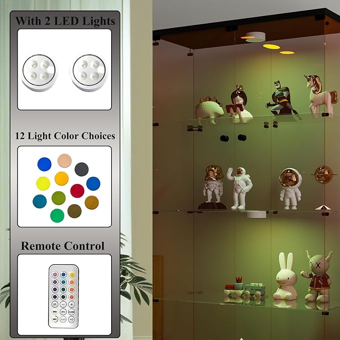 Frameless Glass Display Cabinet, Curio Cabinet Display Case with LED Lights and Lock, 2 Doors Quick-Install Floor Standing Showcase Display Shelf for Collectibles, Legos, Figures, Plants