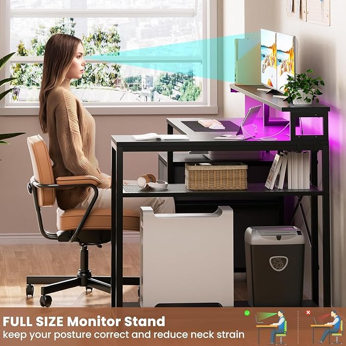 Aheaplus L Shaped Desk with File Drawer, Reversible L Shaped Computer Desk Gaming Desk with Power Outlet & LED Strip, Home Office Desk with Monitor Shelf, Corner Desk with Storage Shelves, Black