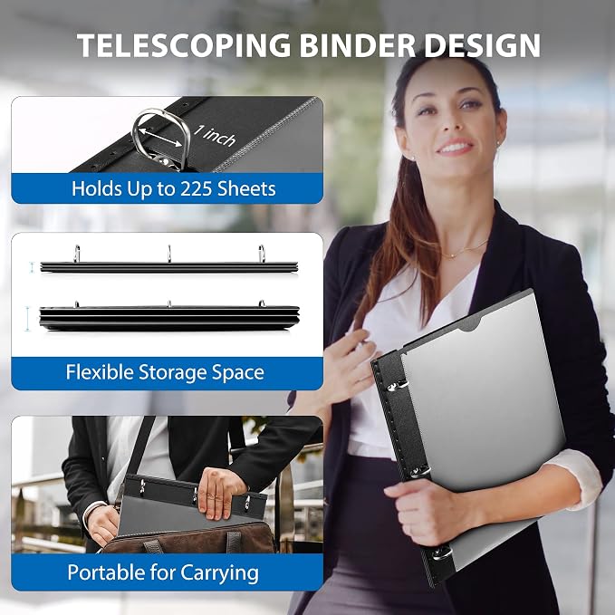 1 Inch Telescoping 3 Ring Binder-12PCS, Flexible Binder with Customized Front Cover, Holds 8.5x11 Paper, School Office Supplies, Black