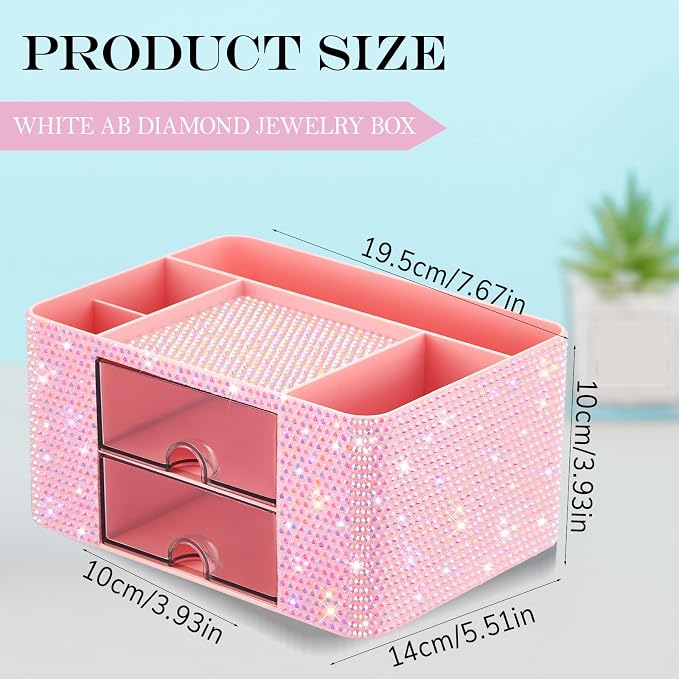 MotiMind Pink Bling Desk Organizer with 2 Drawer, Sparkly Makeup Organizer for Vanity, Girly Desk Accessories, Rhinestone Pen Holder, Elevate Your Workspace with Pink Serenity (Diamond)