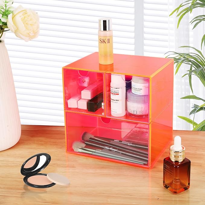 Gelite Desk Organizer with 3 Storage Drawers for Makeup Office Acrylic Desktop Drawer Organizer for Vanity Office Organization and Storage Box, Neon Pink