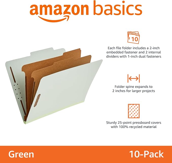 Amazon Basics Sturdy Pressboard Classification File Folders with Fasteners, Dividers, 2" Expansion for Documents Organization, 11.97 x 10.55 inch, Green, 20-Pack