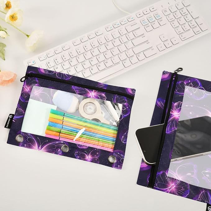 Butterflies Purple Neon Pencil Pouch for 3 Ring Binder, 2 Pack Waterproof Pencil Bags Clear Window Pencil Case Zipper School Office Supplies
