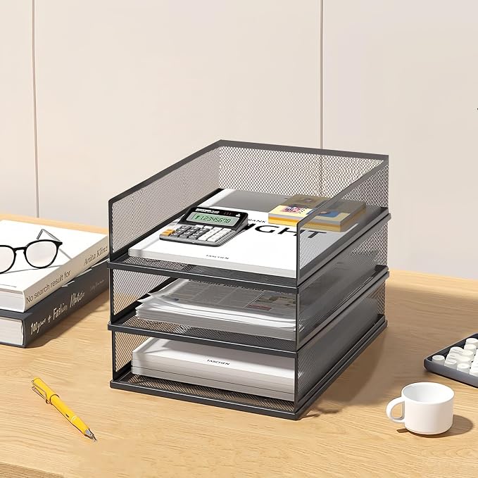 A3 Mesh Desk File Organizer, Stackable Paper Tray，Desktop Document Sorter, File Storage, 3/4/5-Tier Paper Letter Tray Organizer, Desk Accessories & Workspace, Black (3 Tier-Portrait-Black)