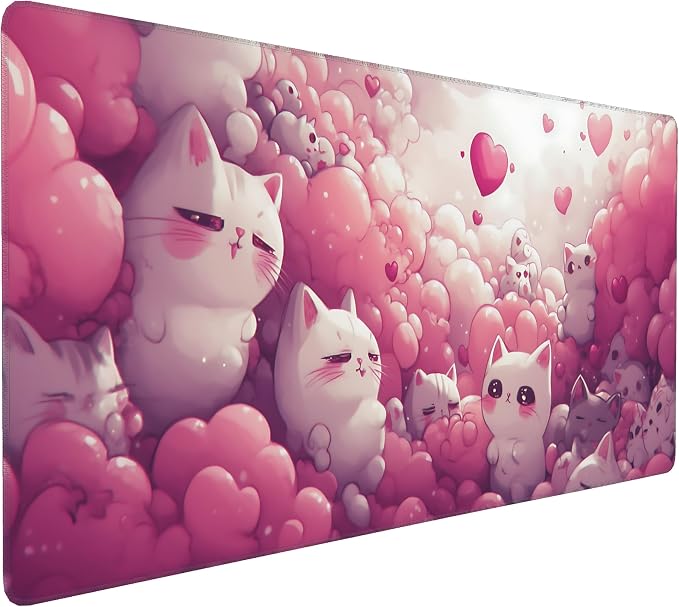 Cute Anime White Cat Gaming Mouse Pad, Pink Dreamy Desk Mat with Anti-Slip Base & Stitched Edges, Computer Keyboard & Laptop Pad, 35.4" x 15.7" in in Workstation Accessories