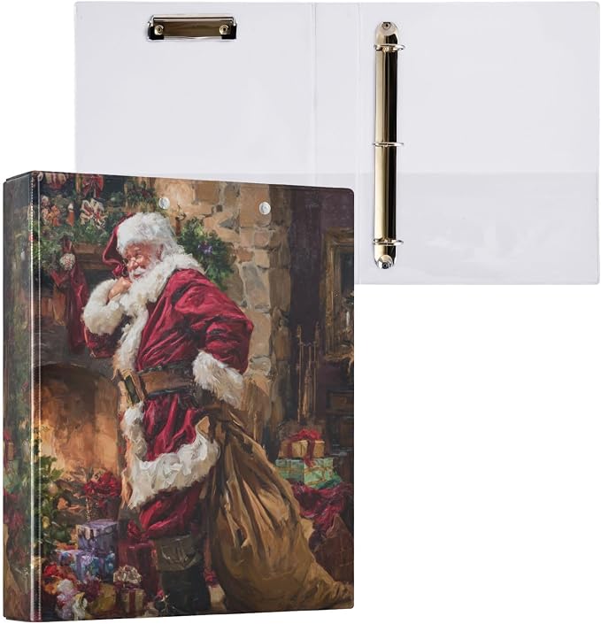 Funny Christmas Santa Claus Binder 3 Ring 1.5 Inch Binder with Clipboard&Pockets, Hardcover Binders Heavy Duty Large File Folder for Office School Supplies - Holds 200 Sheets