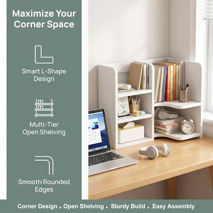 Desk Shelf,Small Bookshelf,Wooden Desk Hutch Desk Organizers,White Desktop Bookshelf and Accessories Storage Display Rack in Home Office Dorm,Freestanding Desk Shelf