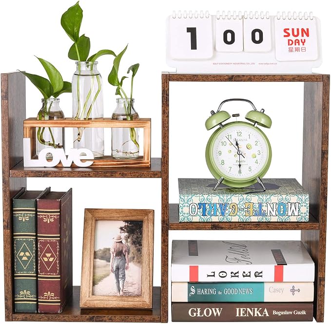 Desktop Shelf Freestanding Wooden Small Bookshelf Desk Supplies Organizers and Accessories Storage Display Rack Office Dorm Decor for Women, Antique Brown