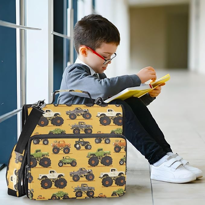 Aslsiy Zipper Binder Bag for Girls Boys Green Monster Trucks Yellow Kids 1.5 inch 3-Ring Binder Organizer with Shoulder Strap for School Office Supplies