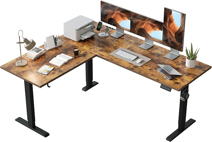 Agilestic 63 x 55 Inch L Shaped Electric Standing Desk, Vintage Brown | Corner Desk, Ample Workspace, Memory Presets, Hooks, Stable Steel Frame,176 lbs Capacity, Easy Assembly, Splice Board
