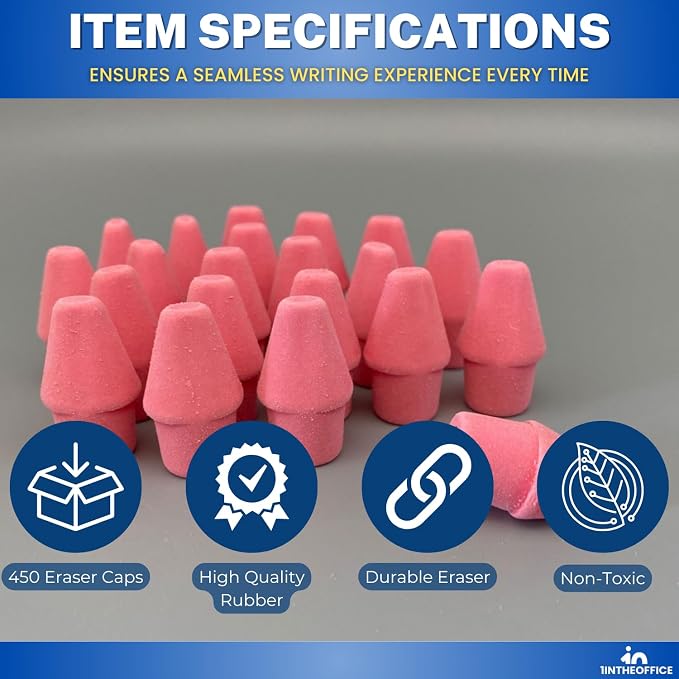 1InTheOffice Pencil Cap Erasers, Assorted Colors, Arrowhead Caps Tops Eraser, Eraser Cap for Art, School, Office Use, and Classroom Set, (Pink, 450)