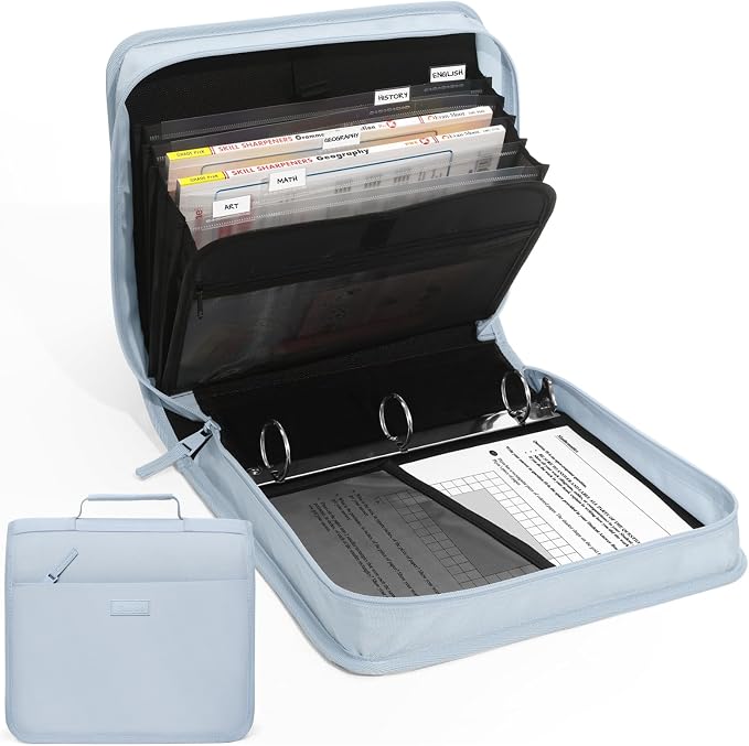 SUNEE Zipper Binder with Handle, 1.5 Inch O-Ring, 325 Pages Capacity, with 5-Tab Expanding File Folder for Classified Storage, Small Size Lightweight Zipper Bag for Middle School Students, Dusk Blue