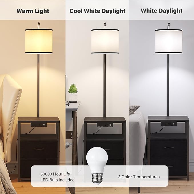 SUNMORY Floor Standing Lamp with Table & 2 Drawers, USB & AC Charging Port | 3 Color Temperature LED Bulb, Modern Nightstand for Bedroom, Shelves End Side Table Lamp for Living Room Home Office, Black