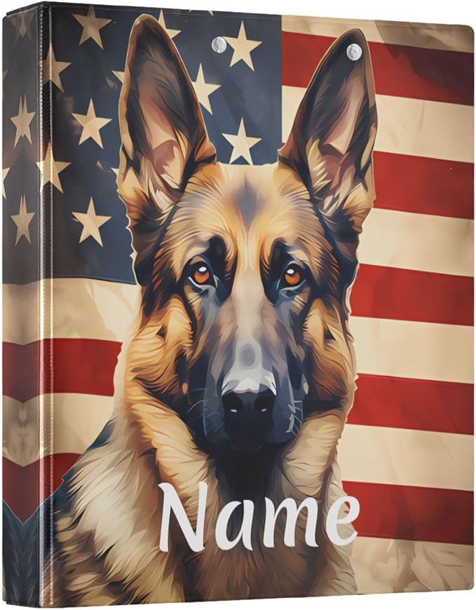Custom 3 Ring Binder Dog German Shepherd American Flag 1.5" Round Ring Binders Personalized Name View Binder with 200 Sheet for Kids School Supplies Women Men Office, 1 Pack