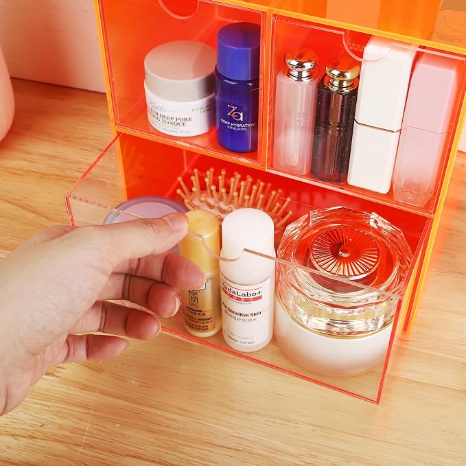 Gelite Desk Organizer with 3 Storage Drawers for Makeup Office Acrylic Desktop Drawer Organizer for Vanity Office Organization and Storage Box, Neon Orange