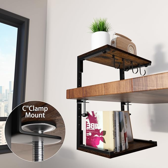 Clamp-On Desk Organizer Shelf, 13 inch Adjustable Height and Versatile Hook, Above or Below Desk 2-Tier Shelving, Shelving for Table Accessories, Gaming Devices, and More