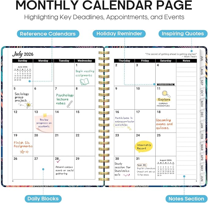 Planner 2026-2027, Monthly & Weekly Jul 2026-Jun 2027 Calendar Book | 6.3" x 8.5", Hardcover Spiral Planner with Tabs, School & Daily Pretty Agenda for Women, Students, Teachers, Ocean Whirl