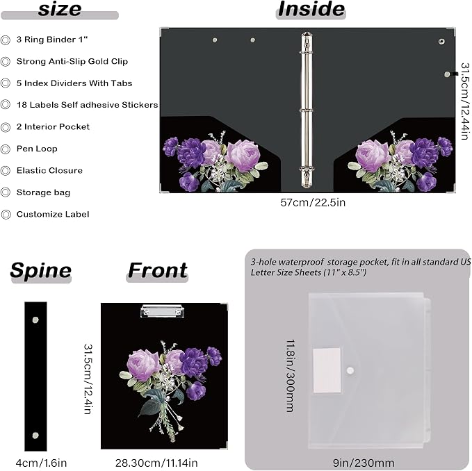 3 Ring Binder 1 inch with Clipboard - Purple Roses Bouquet Design, Includes Dividers, File Bag & Spine Label - Bold and Sophisticated for Office or School, Holographic Waterproof Film