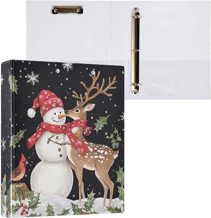 Cute Winter Snowman Deer Red Bird 3 Ring Binder 1.5" Decorative D-Ring Binder with Clipboard&3 Clear Pockets, Holds 200 Sheets A4 Size Paper Waterproof Binders for School Home Office