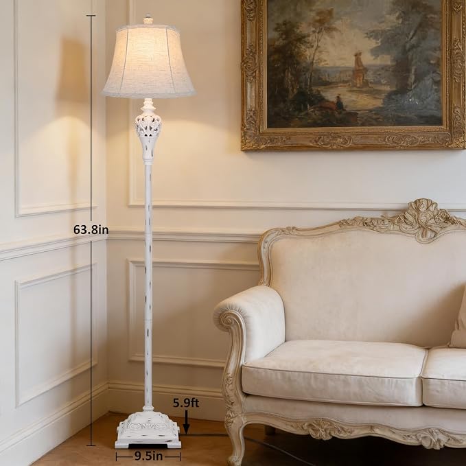 Vintage Floor Lamp for Living Room, Traditional Tall Standing Lamp | Eye-caring White Fabric Shade, Stable Antique Base, Farmhouse Rustic Design, Bright Floor Lighting