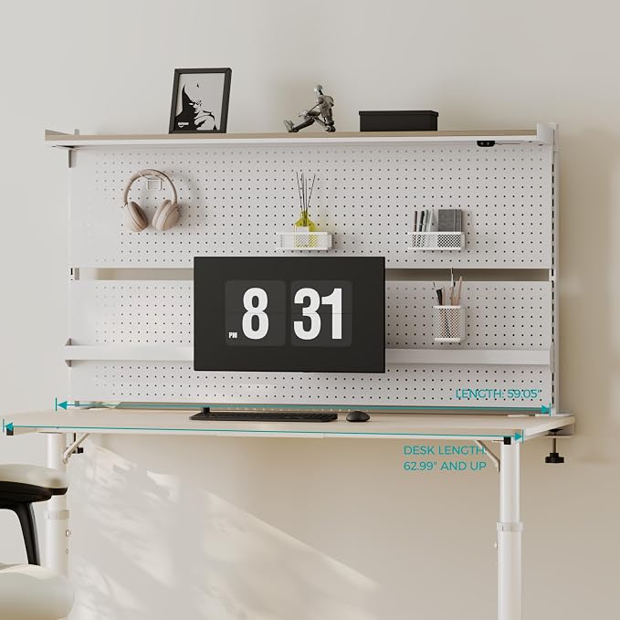 EUREKA ERGONOMIC Desk Pegboard Dual Monitor Stand 59x34 White | Large steel pegboard with dual monitor stands, LED lighting, privacy panel and modular accessories for gaming desks