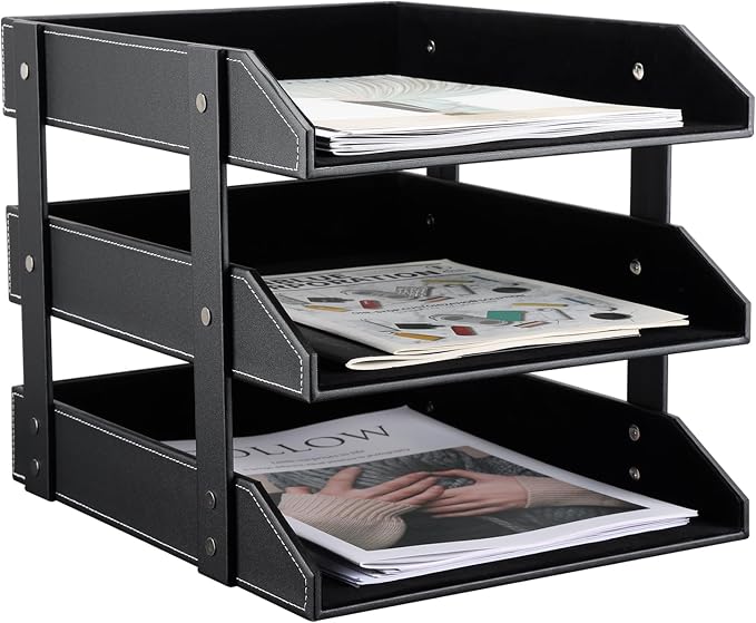 Letter Tray, Leather Paper Organizer Tray, Wooden Desk File Holder, Desktop File, Stackable Magazine Holder, Mail Sorter, Great for Home or Office - 3 Level Black