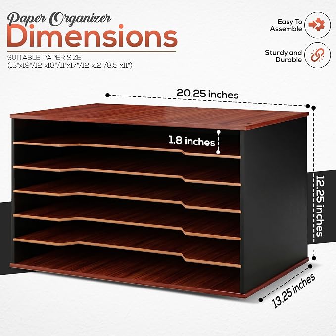 12x18 Construction Paper Organizer, 6-Tier Wooden Flat File for 11x17 & A3 Sheets | Large Durable wood composite organizer Paper Storage for Classroom, Office & Art Room